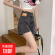 高腰卷邊牛仔短褲女夏2025年新款寬松顯瘦闊腿a字大碼設計感熱褲 黑灰色 L 建議105-115斤
