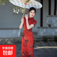 水墨畫(huà)緞面改良旗袍日常少女款修身立領(lǐng)氣質(zhì)長(cháng)款國風(fēng)連衣裙JQ15 紅色 L （110-120斤）