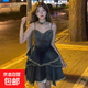 新疆西藏川西草原旅行穿搭高級感牛仔連衣裙女收腹蛋糕裙背帶短裙 藍色 4XL