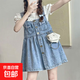 減齡氣質(zhì)可愛(ài)牛仔背帶短裙女夏季薄款大碼胖妹妹mm收腹顯瘦連衣裙 藍色蝴蝶結牛仔背帶短裙單件 S