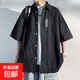 美式冰絲短袖襯衫男夏季薄潮牌潮流寬松半袖衣服日系男士襯衣外套 黑色251 2XL