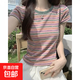 爆款撞色彩虹條紋正肩短袖女T恤夏季新款圓領(lǐng)小個子百搭ins上衣CY 3012彩虹條紋 XL  建議115-130斤