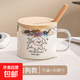 大容量卡通印花水杯吸管杯耐高溫家用家用高硼硅玻璃杯冬季加熱杯 狗狗款+竹蓋+木柄勺 500ml