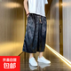 中國風(fēng)新中式寬松大碼男士七分褲夏季薄款休閑運動(dòng)短褲直筒闊腿褲 黑色 5XL 210-230斤