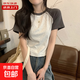 設計感撞色插肩短袖T恤女夏小個(gè)子修身顯瘦短款百搭上衣KJY#A013# A013#米灰色 M 【92斤以下】
