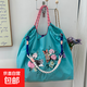 新款刺繡貓咪花朵大容量單肩斜挎尼龍環(huán)保購(gòu)物袋 孔雀藍(lán)貓咪花朵【不含肩帶】 大號(hào)