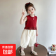女童夏季套裝2025新款超好看兒童衣服女寶寶夏裝短袖防蚊褲兩件套 紅色 薄款 90 cm
