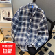 格子襯衫男長(cháng)袖秋季新款日系復古潮牌青少年寬松學(xué)生休閑襯衣外套 藍色 常規 XL
