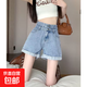 卷邊純色牛仔短褲女生2025夏季新款高腰顯瘦寬松a字熱褲子insDM 布丁D208淺藍色 M