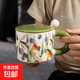 復古花朵陶瓷杯子加蓋勺高顏值家用喝水杯辦公室咖啡杯茶杯馬克杯 藍色花 1個(gè) 350ml