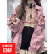 大碼美式復古拼接牛仔外套女春秋寬松設計感粉色工裝夾克上衣胖mm 粉紅色 L