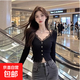 黑色V領(lǐng)蕾絲拼接針織開(kāi)衫短款上衣女顯瘦修身時(shí)尚輕奢性感純欲T恤 黑色 XL 建議110-120斤