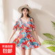 2025新款泳衣女分體裙式高級顯瘦遮肉印花保守溫泉度假仙女范泳裝 紅色（獨立泳褲） XL 【建議105-120斤】