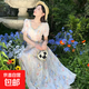 【有里布】夏裝長裙收腰新款高級夏短袖法式氣質(zhì)綁帶連衣裙D1525 白色長款 M 【100-110斤】