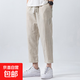 亞麻休閑九分褲男士中國風(fēng)夏季薄款透氣松緊腰中青年休閑七分褲潮 亞麻色 3XL