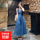 法式小個(gè)子吊帶背心連衣裙女氣質(zhì)收腰顯瘦A字牛仔裙口袋長(cháng)裙J312 藍色 L （95-105斤）
