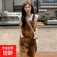 減齡氣質(zhì)美式復(fù)古兩面穿工裝牛仔背帶褲女秋冬大碼撞色吊帶連體褲 棕色兩面穿背帶褲單款 3XL碼（建議140-160斤）