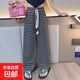 兒童闊腿褲新款寶寶寬松休閑褲中大童女童條紋褲春秋款親子款褲子 黑色 140 碼建議身高120-130cm