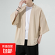 七分袖開(kāi)衫道袍男中國風(fēng)夏季薄款棉麻短袖襯衫寬松漢服大碼風(fēng)衣潮 卡其色 2XL