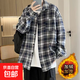 秋冬加絨襯衫港風(fēng)復古寬松情侶格子襯衣長(cháng)袖男女休閑打底襯衫外套 274-1#黑色 加絨 2XL 【135-150斤】