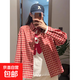 紅色格子襯衫慵懶風(fēng)長(zhǎng)袖POLO領(lǐng)襯衣女夏季寬松防曬衫休閑開(kāi)衫上衣 紅色 【SC-C216】 2XL
