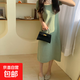 夏季韓版連衣裙方口領(lǐng)針織短袖內搭小香風(fēng)裙子少女寬松時(shí)尚格子裙 翠綠色 均碼