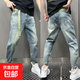 2025春秋新款痞帥牛仔褲男士夏裝韓版笑臉印花彈力修身小腳長(zhǎng)褲子 藍(lán)色 28