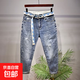 褲子潮牌男夏季ins破洞寬松牛仔褲男裝2024新款刮爛漏洞錐形九分 藍色 28