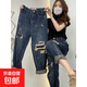 大碼胖妹妹復古破洞直筒牛仔褲女春秋寬松顯瘦高腰哈倫老爹闊腿褲 藍色 5XL