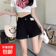 韓版不規(guī)則高腰牛仔短褲女春夏季新款寬松a字潮流百搭牛仔熱褲潮 黑色 XL
