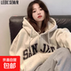 拉鏈開(kāi)衫美式復古寬松慵懶風(fēng)灰色加厚連帽衛衣女oversize加絨外套 杏色加絨 M 建議90-105斤