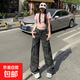 辣妹高街迷彩工裝褲女2025夏季新款高腰闊腿寬松顯瘦拖地牛仔褲子 迷彩灰長褲 M 碼 建議99-109斤