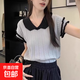 夏季新款短袖冰絲針織衫女設(shè)計(jì)感小眾T恤撞色V領(lǐng)短款飛飛袖上衣XC 24灰色 均碼