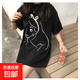 2024夏季新款韓版印花中長(cháng)款短袖T恤女學(xué)生寬松上衣ins女裝潮 黑色 M