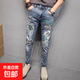 春秋季彈力修身小腳牛仔褲男韓版潮流百搭歐洲站潮牌小熊印花褲子 藍色 33