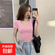 純欲風(fēng)大圓領(lǐng)短款t恤女夏季設計感小眾辣妹緊身上衣露臍裝短袖t恤 炫本色大圓領(lǐng)短T粉色 XL