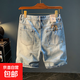 夏季休閑短褲男大碼淺色五分牛仔褲潮流刺繡高端男士直筒中褲 藍色 31