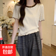 法式雪紡衫木耳邊短袖t恤女春夏季新款撞色短款正肩圓領(lǐng)上衣BYNT 杏色 M