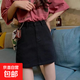 高腰牛仔短裙女夏季新款大碼胖mm韓版高腰小個(gè)子包臀a字半身裙子 黑色 L【109-118斤】