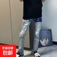 美式高街字母刺繡牛仔褲男破洞修身休閑褲時(shí)尚百搭潮牌小直筒長(cháng)褲 藍色 常規 XL