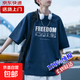 純棉短袖T恤男夏季新款休閑透氣字母寬松五分落肩袖潮流上衣半袖 藏青色 100%純棉-DX-03 XL (建議體重120-140斤左右）