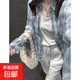 韓系純棉格子襯衫女2025夏新款寬松慵懶風長袖襯衣外套休閑上衣 藍格子 XL 建議115-130斤