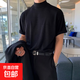 純黑色重磅半高領(lǐng)t恤男輕熟風(fēng)感西裝內搭修身小領(lǐng)口打底短袖 黑色 3XL 160-180斤