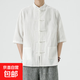 【棉麻唐裝】亞麻襯衫中式棉麻男士七分袖襯衣夏季立領(lǐng)上衣短袖 白色 尺碼偏小建議拍大一碼 5XL