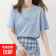 短袖韓版圓領t恤女夏季寬松植物印花休閑純色火學生半袖上衣代發(fā) 天空藍 M