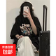 美式印花短袖t恤女2025夏季新款寬松學(xué)生百搭上衣韓版潮流體恤衫P TAA大巴五分袖T恤黑色 L