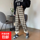 加絨加厚直筒褲冬季仿羊羔絨高腰保暖休閑褲子女長褲 咖格(加絨不掉色) L 90-120斤可穿