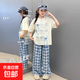 女童夏季短袖套裝2025新款女大童休閑T恤穿搭兒童夏裝格子闊腿褲 杏色T恤+格子褲 【套裝】 150