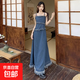 減齡氣質(zhì)設(shè)計(jì)感串珠牛仔背帶裙女夏季大碼中長款收腰連衣裙 藍(lán)色中長款串珠背帶裙單件 2XL