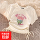 新中式女童純色短款上衣夏季兒童洋氣薄半袖中大童抽繩設計款短袖 白色  三朵玫瑰 160